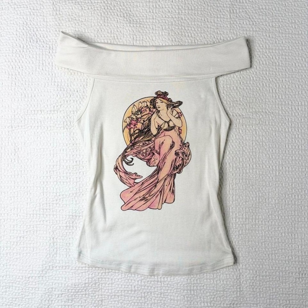 off the shoulder art nouveau graphic top